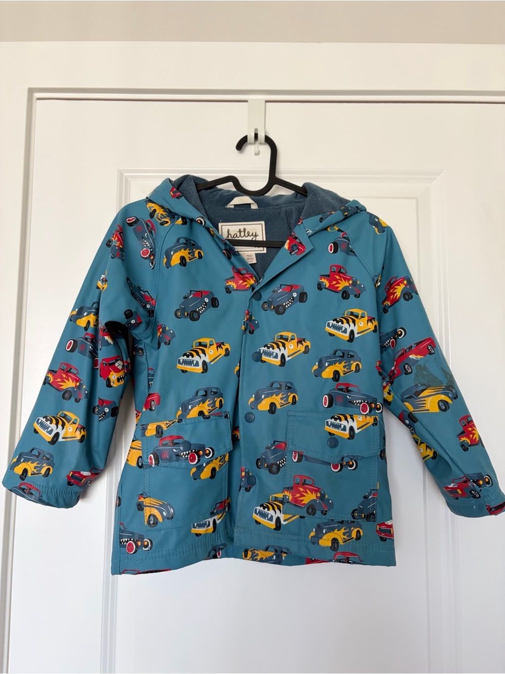 Hatley Teal Kids Rain Jacket with Red, Yellow & Navy Car Print